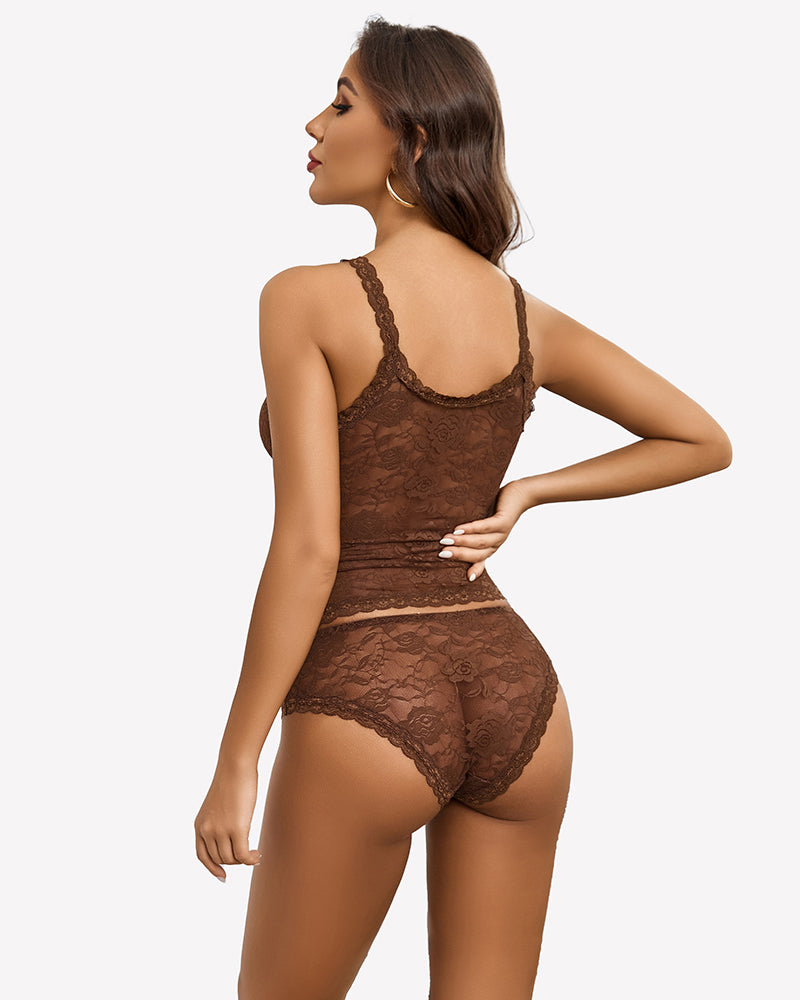 Floral lace lingerie set with sheer camisole top and matching shorts, brown