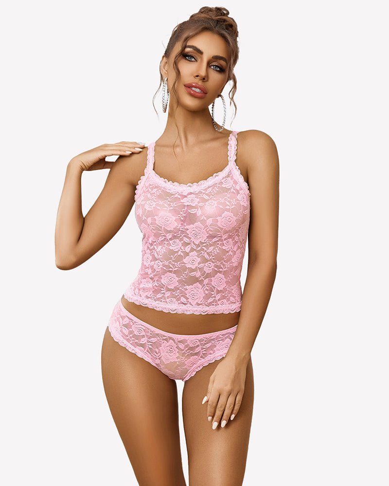 Pink floral lace lingerie set with camisole top and matching shorts