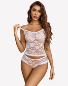 White floral lace lingerie set with spaghetti-strap cami and matching shorts