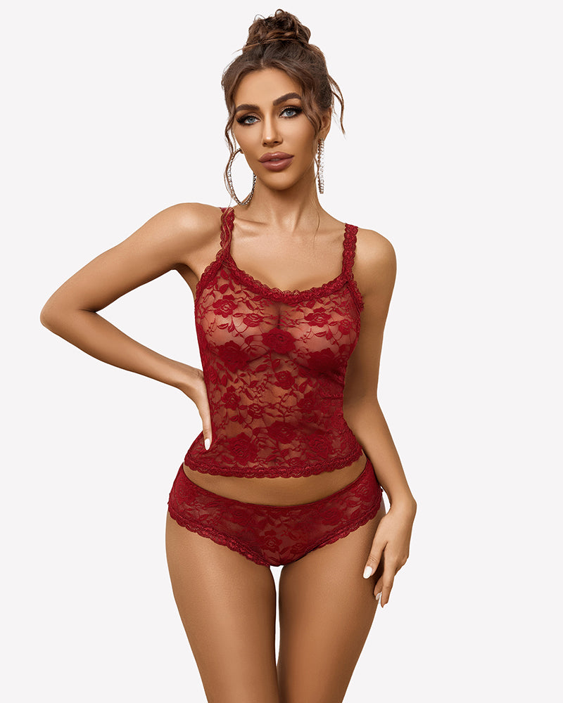 Wine red floral lace lingerie set with camisole and matching shorts