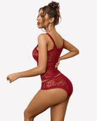 Wine red floral lace lingerie set with racerback camisole and shorts