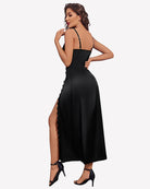 Black satin V-neck nightgown with side slit and lace trim, back and side view.