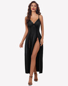 Black satin V-neck nightgown with side slit and lace trim, spaghetti straps.