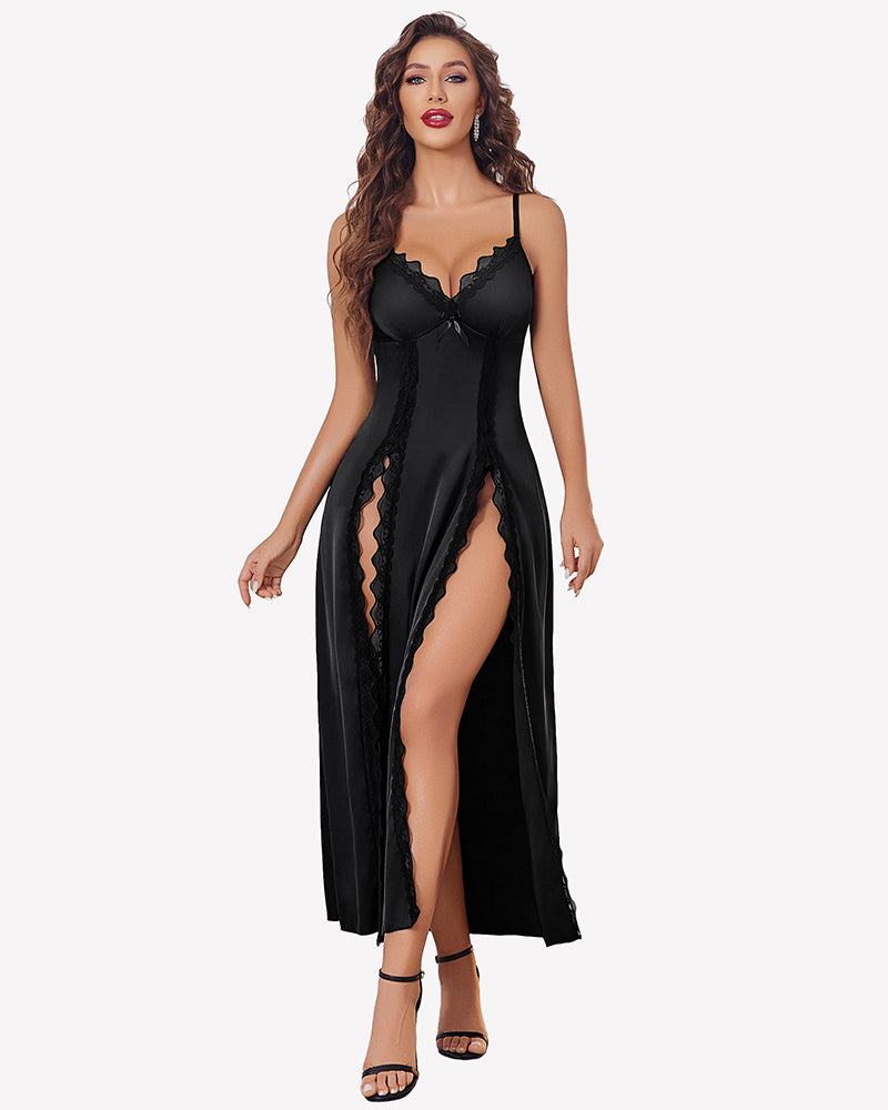 Black satin V-neck nightgown with side slit and lace trim, front view.