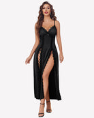 Black satin V-neck nightgown with side slit and lace trim, front view.