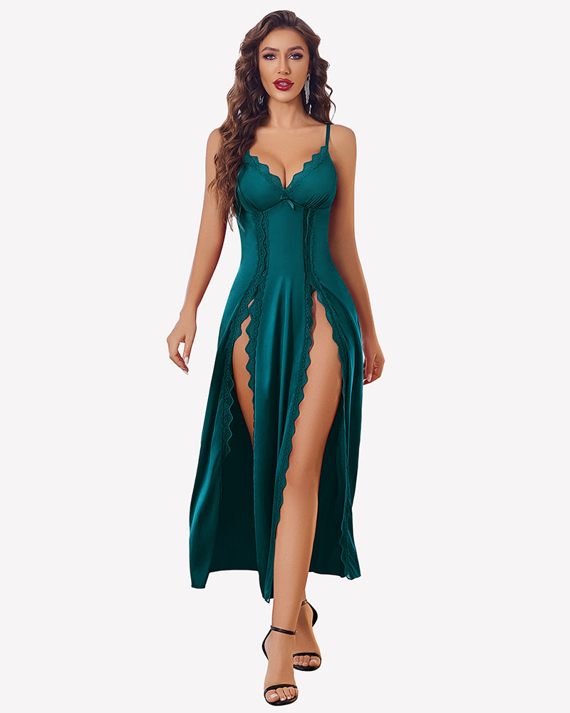 Blue green satin V-neck nightgown with side slit and lace trim, spaghetti straps.