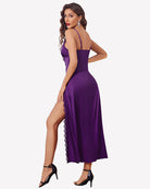 Purple satin V-neck nightgown with side slit and lace trim, side view.