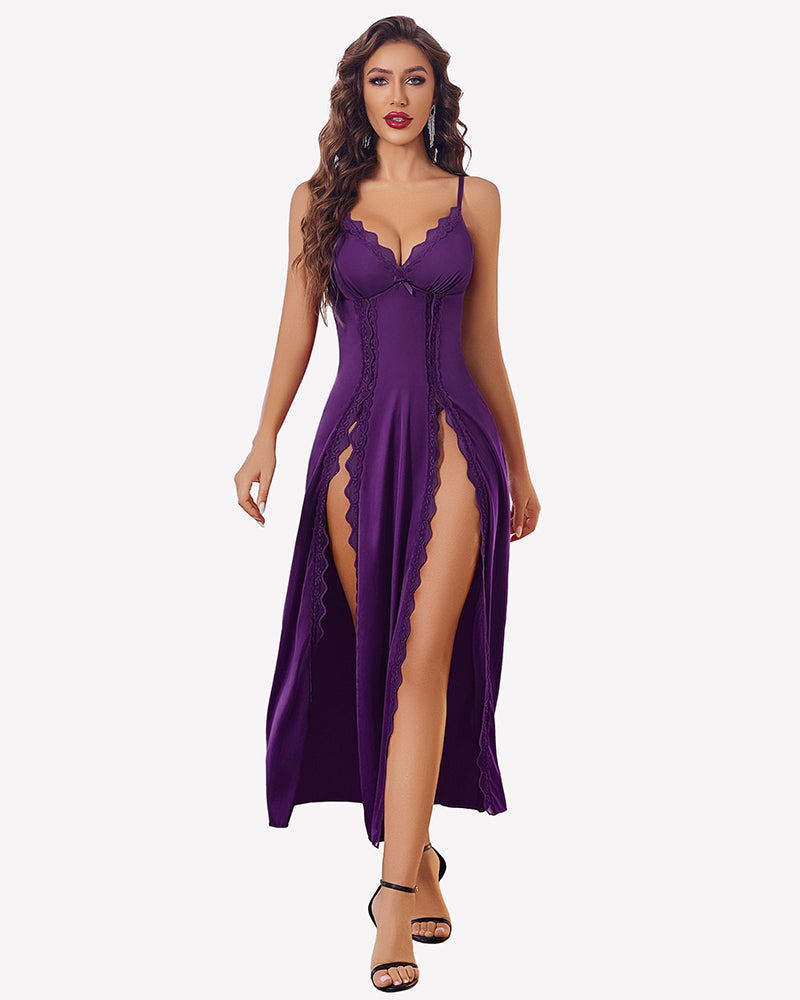 Purple satin V-neck nightgown with side slit and lace trim, spaghetti straps.
