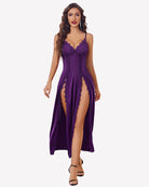 Purple satin V-neck nightgown with side slit and lace trim, spaghetti straps.