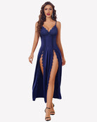 Navy satin V-neck side-split nightgown with lace-trim bust and hem