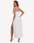 White satin V-neck nightgown with side split and thin straps