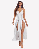 White satin V-neck side-split nightgown with lace trim and scalloped edges