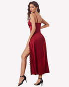 Wine red satin V-neck nightgown with side slit and lace trim, side view.