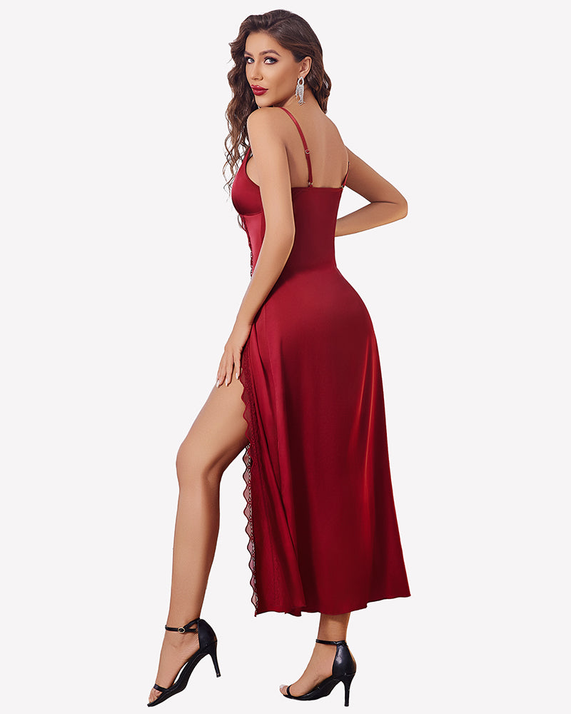 Wine red satin V-neck nightgown with side slit and lace trim, side view.