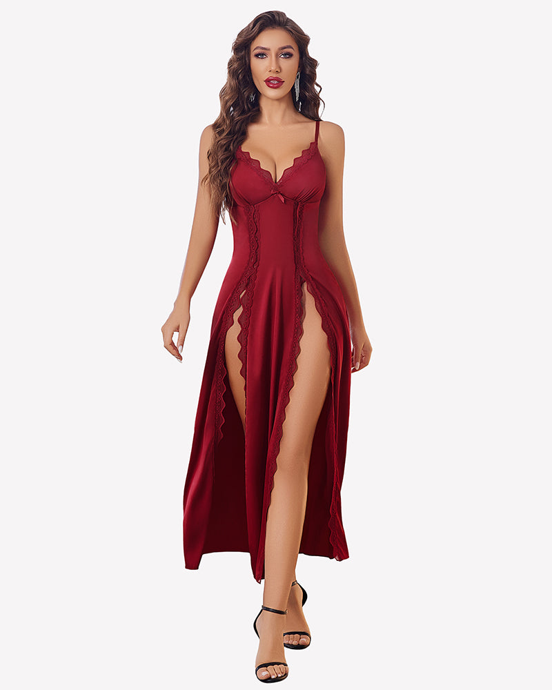 Wine red satin V-neck nightgown with side slit and lace trim, spaghetti straps.