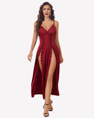 Wine red satin V-neck nightgown with side slit and lace trim, spaghetti straps.