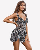 Leopard print mesh ruffle mini dress with ruffle hem and side bow details