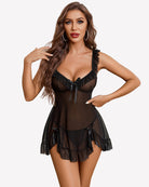 Black mesh ruffle mini dress with tie-trim bodice and flared skirt