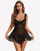 Black mesh ruffle mini dress with tie-front bust and layered skirt