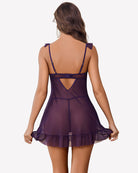Purple mesh babydoll dress with back straps and ruffled hem, back view