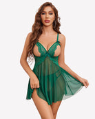 Green lace babydoll nightie with V-neck cups, scalloped edging, and flared sheer skirt
