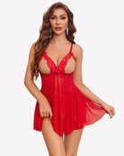 Red lace babydoll nightie with V-neck straps and flowing sheer skirt