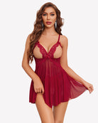 Wine red lace babydoll nightie with V-neck lace cups and sheer mesh skirt