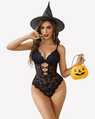 Black lace teddy bodysuit with plunge V neckline and cutout chain detail