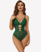 Green lace teddy bodysuit with V-neck, scalloped lace, and chain heart detail