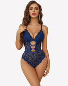Navy lace teddy bodysuit with V-neck, lace plunge, and chain heart detail