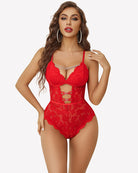 Red lace teddy bodysuit with V-neck, lace cutout, and chain heart detail