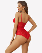 Red lace teddy bodysuit with chain V neckline and open-back straps