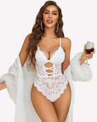 White lace teddy bodysuit with chain V neckline, high-cut lace back