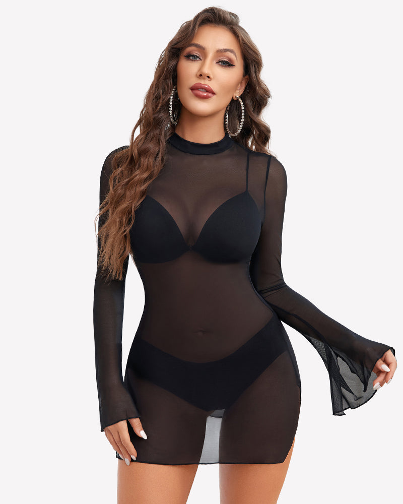 Black mesh bodycon dress with bell sleeves and high neck, sheer cutout panels
