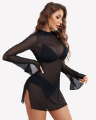 Black mesh bodycon dress with bell sleeves, high neck, flared cuffs and side slit