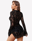 Black mesh bodycon dress with bell sleeves, high neck, geometric sheer pattern back