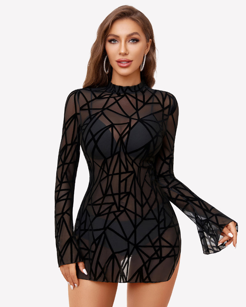 Black mesh bodycon dress with bell sleeves and high neck, geometric sheer pattern