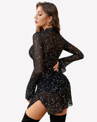 Black mesh bodycon dress with bell sleeves and high neck, starry speckle print back