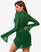 Green mesh bodycon mini dress with high neck and long bell sleeves, sheer flare