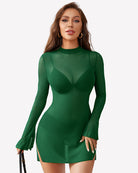 Green mesh bodycon mini dress with high neck and flared bell sleeves, sheer overlay
