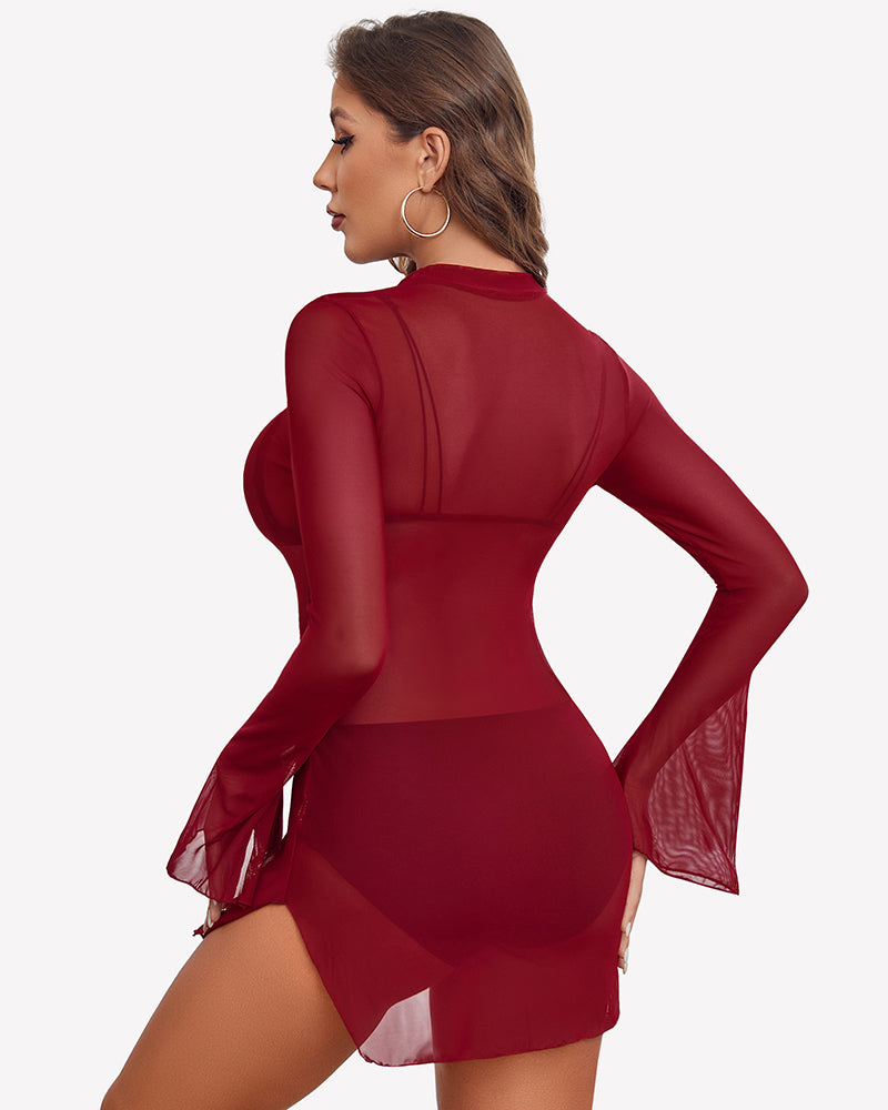 Wine red mesh bodycon mini dress with high neck and sheer bell sleeves