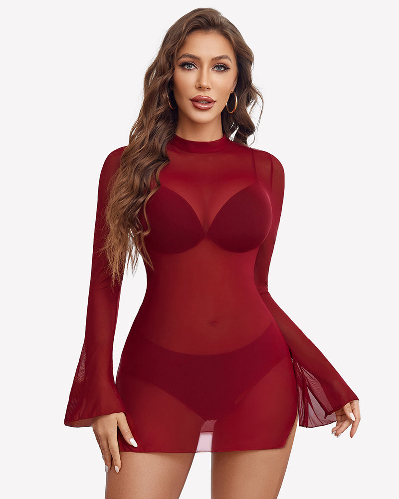 Wine red mesh bodycon mini dress with high neck and bell sleeves