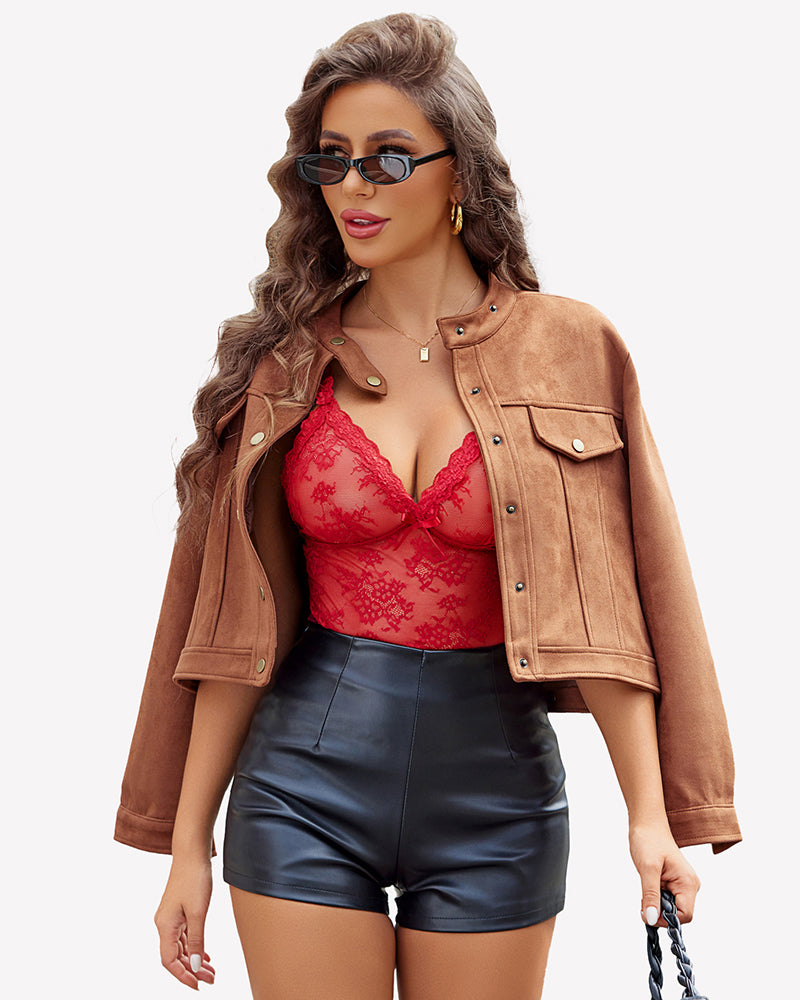 Red sheer floral lace lingerie set with V-neck bra and matching shorts under jacket