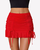 Red ruched double-layer mesh mini skirt with drawstring ties and layered hem