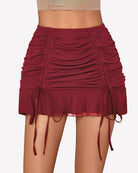 Wine red ruched double-layer mesh mini skirt with ruffled hem and hanging ties