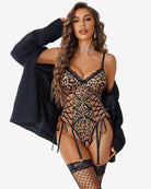 Leopard lace cut-out teddy with garter straps and bow details, black trim