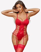 Red lace teddy lingerie set with cut-out lattice front and garter straps