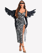 Leopard-print sheer maxi nightdress with feathered shoulder accents and side slit