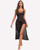 Black sheer maxi nightdress with plunge neckline and side slit