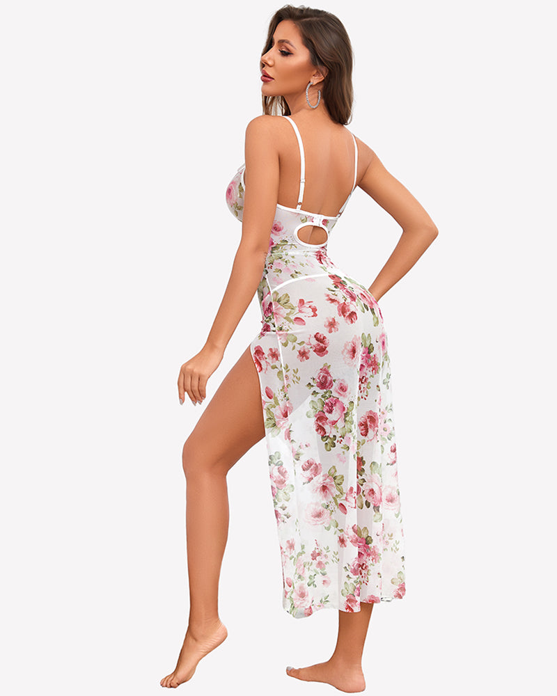 White floral sheer maxi nightdress with strappy open-back design and leg slit